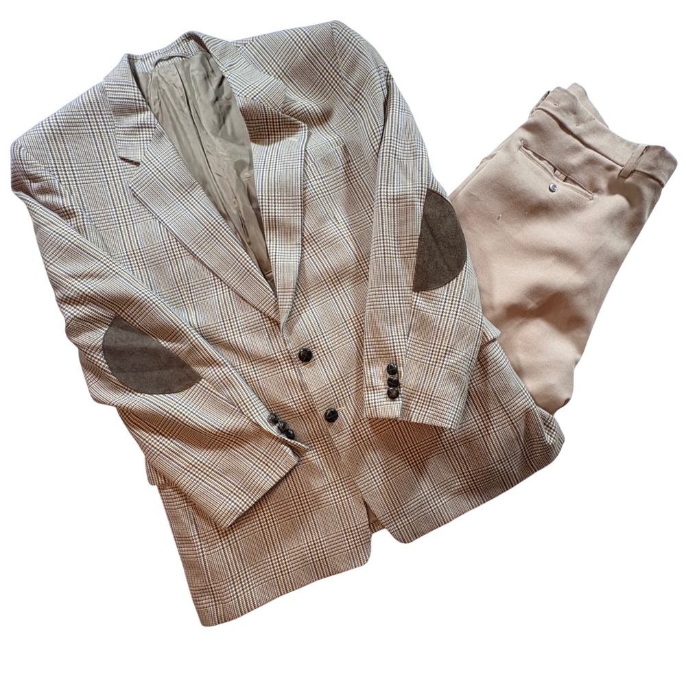Sandro Plaid Blazer Trousers Suit Mens 52 EU 35W Wool Blend Elbow Patch Academia